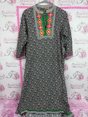 S.R FASHION Embroidered Black & White Geometric Midi Dress with Colorful Yoke